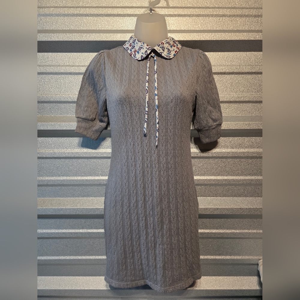 Kingston Gray Long Sleeve Dress with Patterned Collar